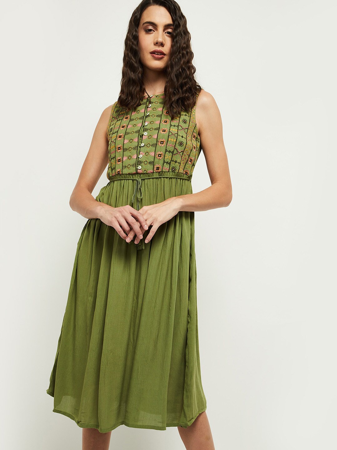 

max Women Olive Green Embroidered Fit & Flare Midi Dress