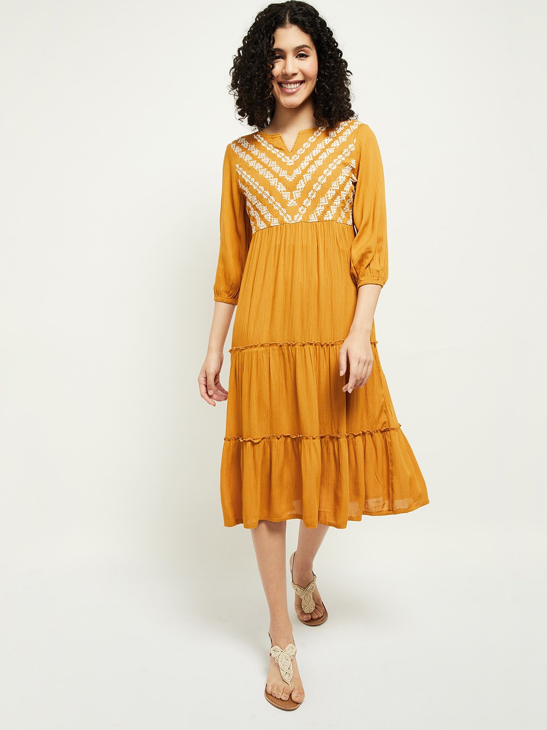 

max Women Mustard Yellow Empire Midi Dress