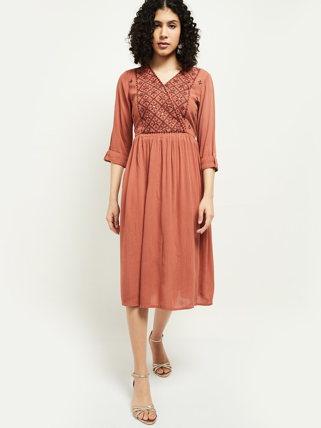 

max Beige Yoke Design Fit & Flared Dress