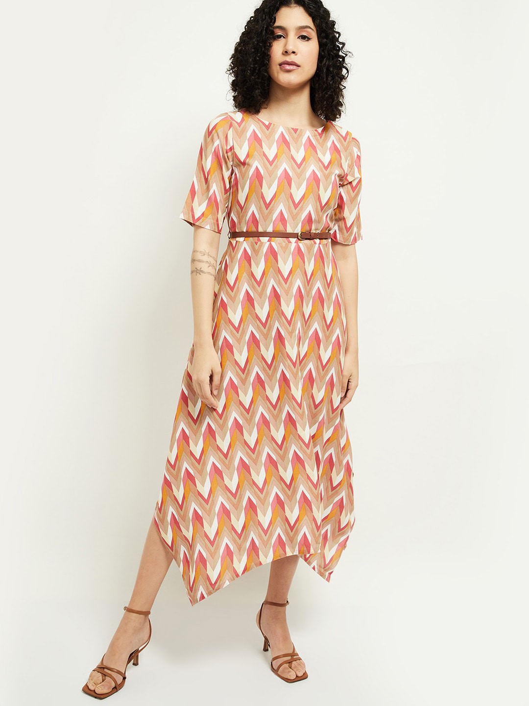 

max Women Pink & Orange Printed A-Line Midi Dress