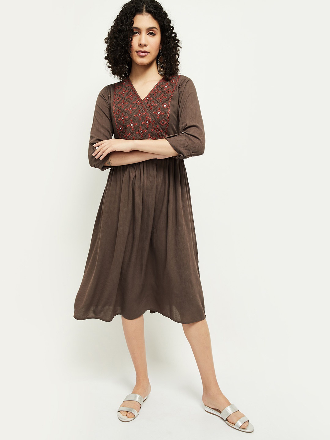 

max Grey Embroidered A-Line Dress