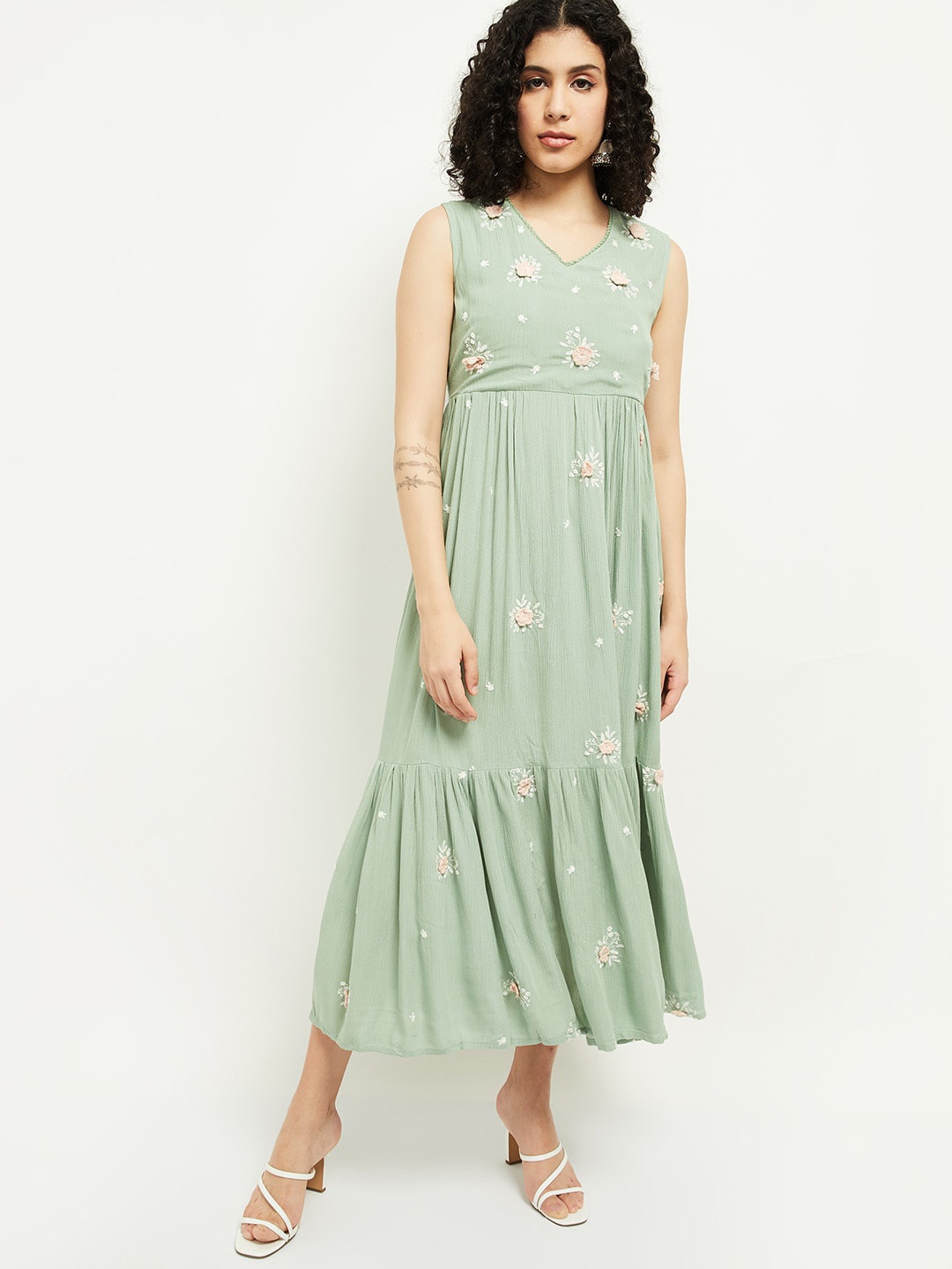 

max Green Floral Empire Midi Dress