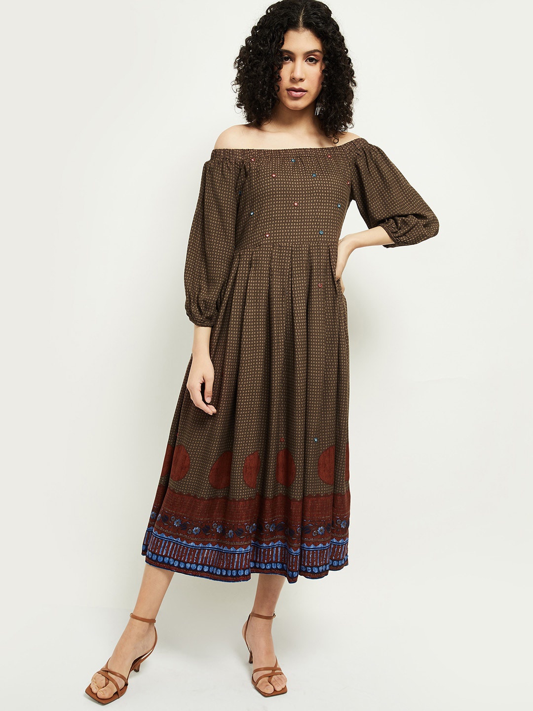 

max Brown Off-Shoulder Midi Dress