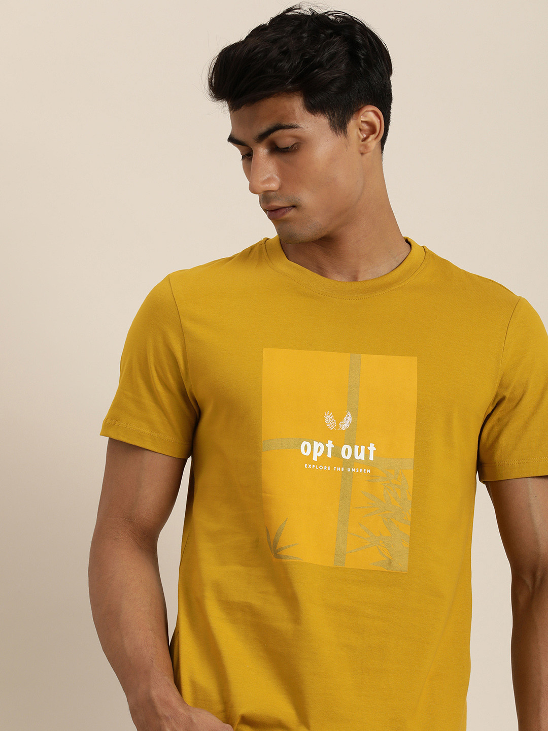 

ether Men Mustard Yellow & White Printed T-shirt