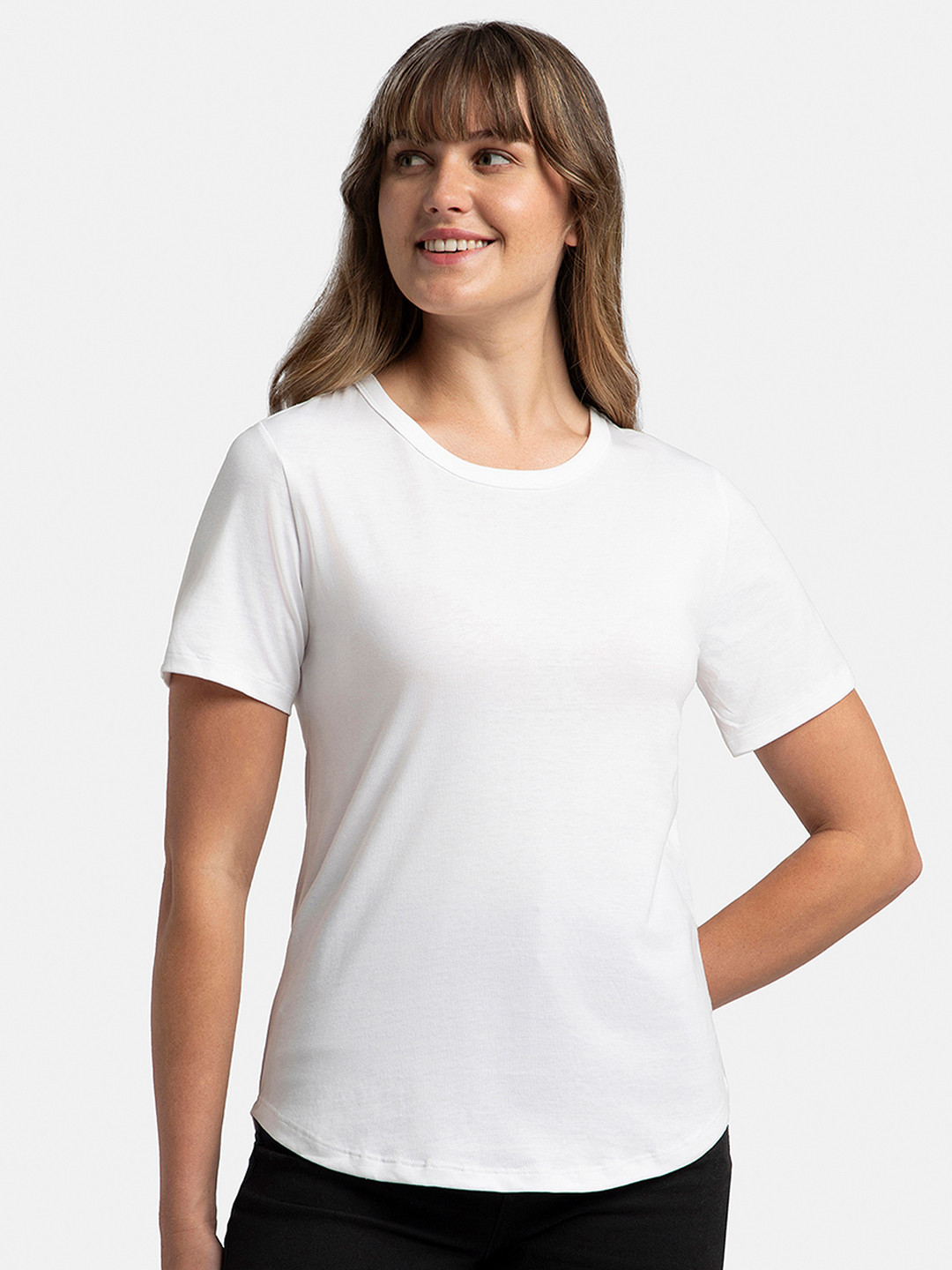 

Jockey Super Combed Cotton Relaxed Fit Solid Curved Hem Styled Half Sleeve Tshirt -AW88, White