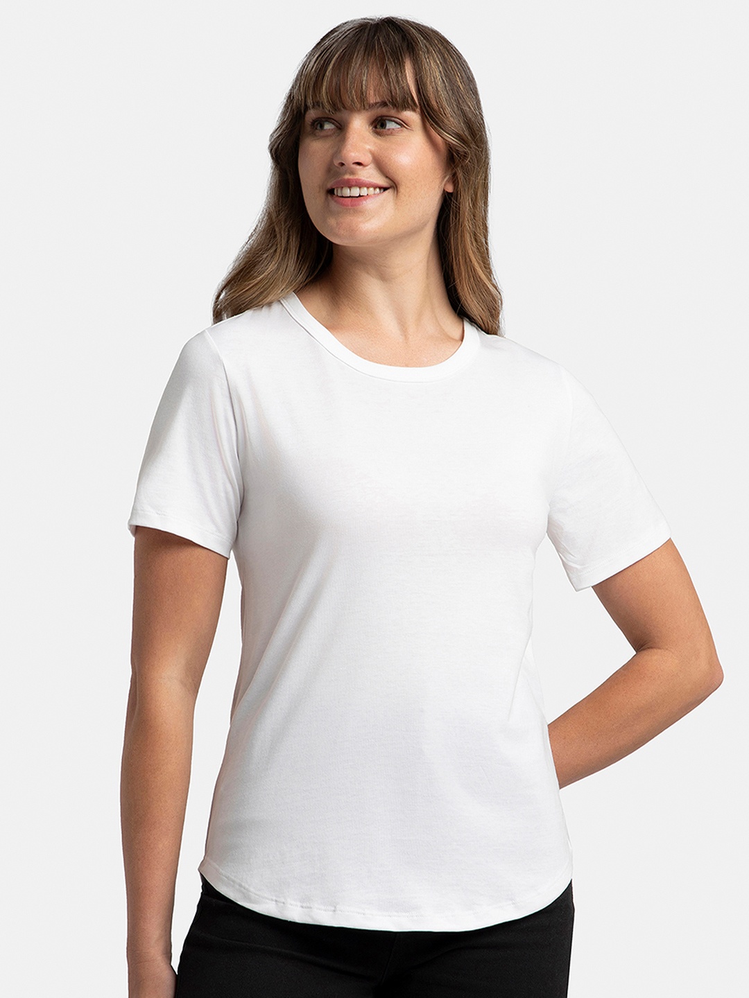 

Jockey Super Combed Cotton Relaxed Fit Solid Curved Hem Styled Half Sleeve Tshirt -AW88, White