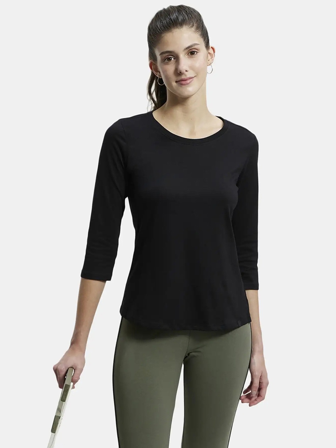 

Jockey Cotton Rich Relaxed Fit Solid Round Neck Three Quarter Sleeve T-Shirt, Black