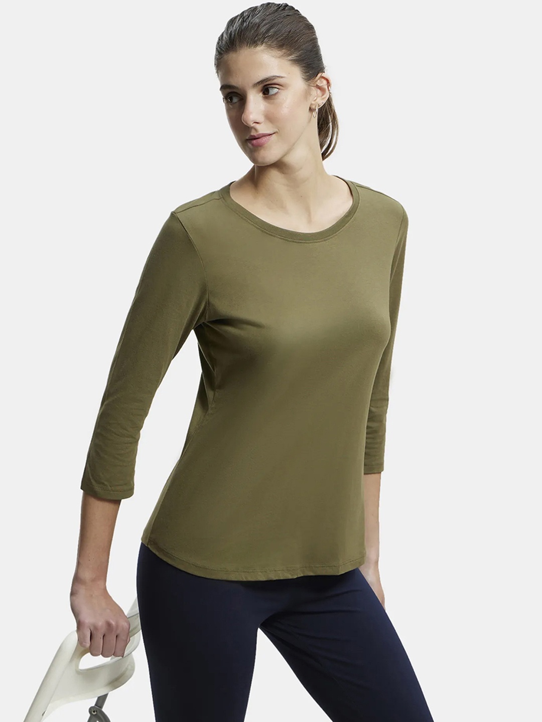 

Jockey Cotton Rich Relaxed Fit Solid Round Neck Three Quarter Sleeve T-Shirt, Green