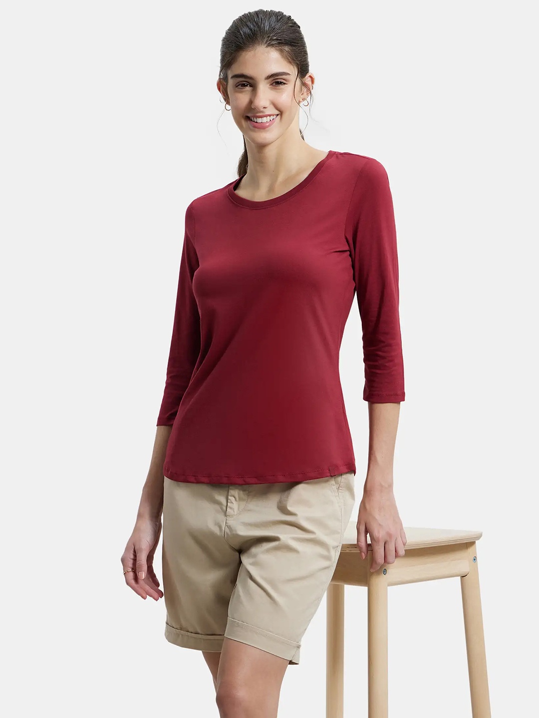 

Jockey Cotton Rich Relaxed Fit Solid Round Neck Three Quarter Sleeve T-Shirt, Red