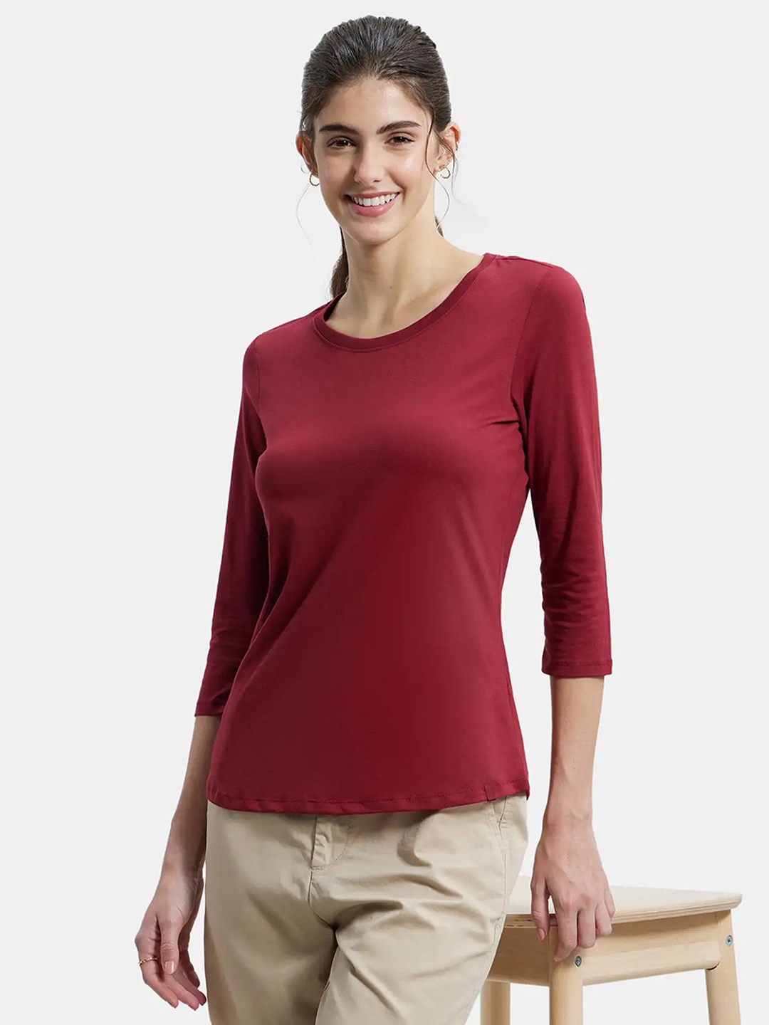 

Jockey Super Combed Cotton Relaxed Fit Solid Round Neck Three Quarter Sleeve T-shirt -A100, Red