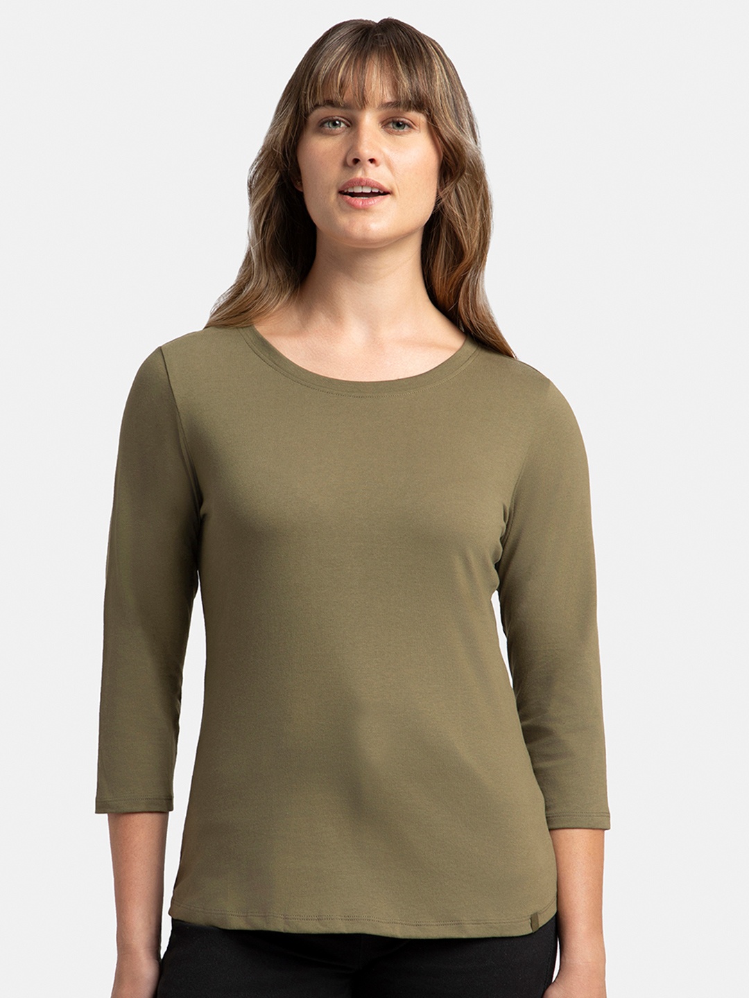 

Jockey Super Combed Cotton Relaxed Fit Solid Round Neck Three Quarter Sleeve Tshirt-A100, Olive