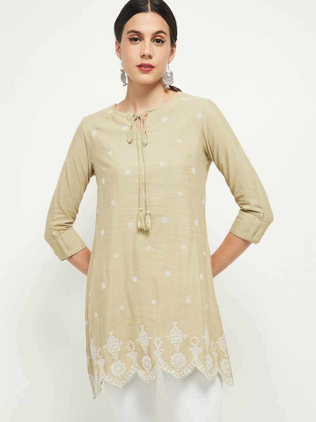 

max Women Beige & White Embroidered Bohemian Tunic
