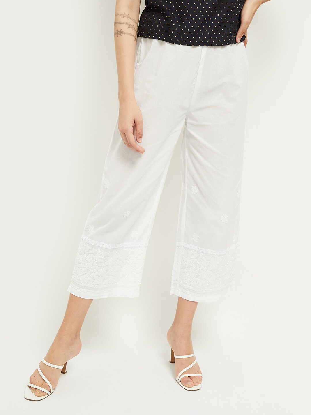 

Max Women Cotton White Ethnic Motifs Chikankari Embroidered Cropped Palazzos