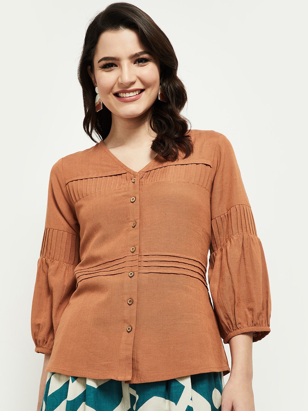 

max Brown Bishop Sleeves Accordion Pleats Shirt Style Top