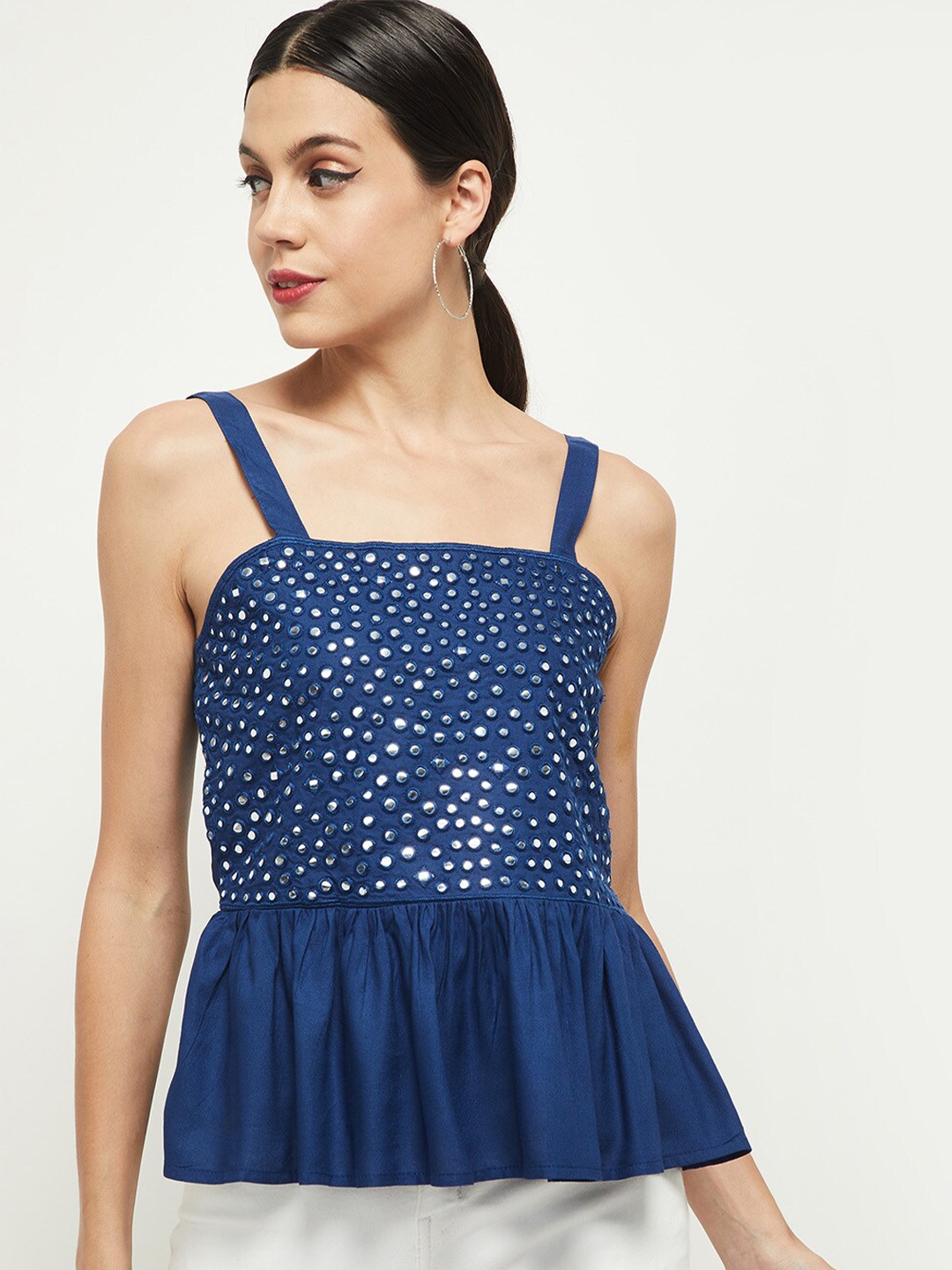 

max Blue Embellished Peplum Top