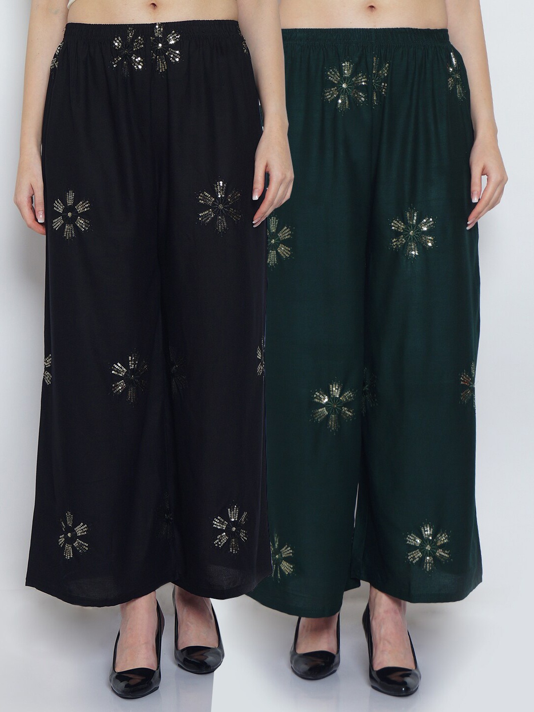 

GRACIT Women Black & Green 2 Ethnic Motifs Embellished Flared Palazzos