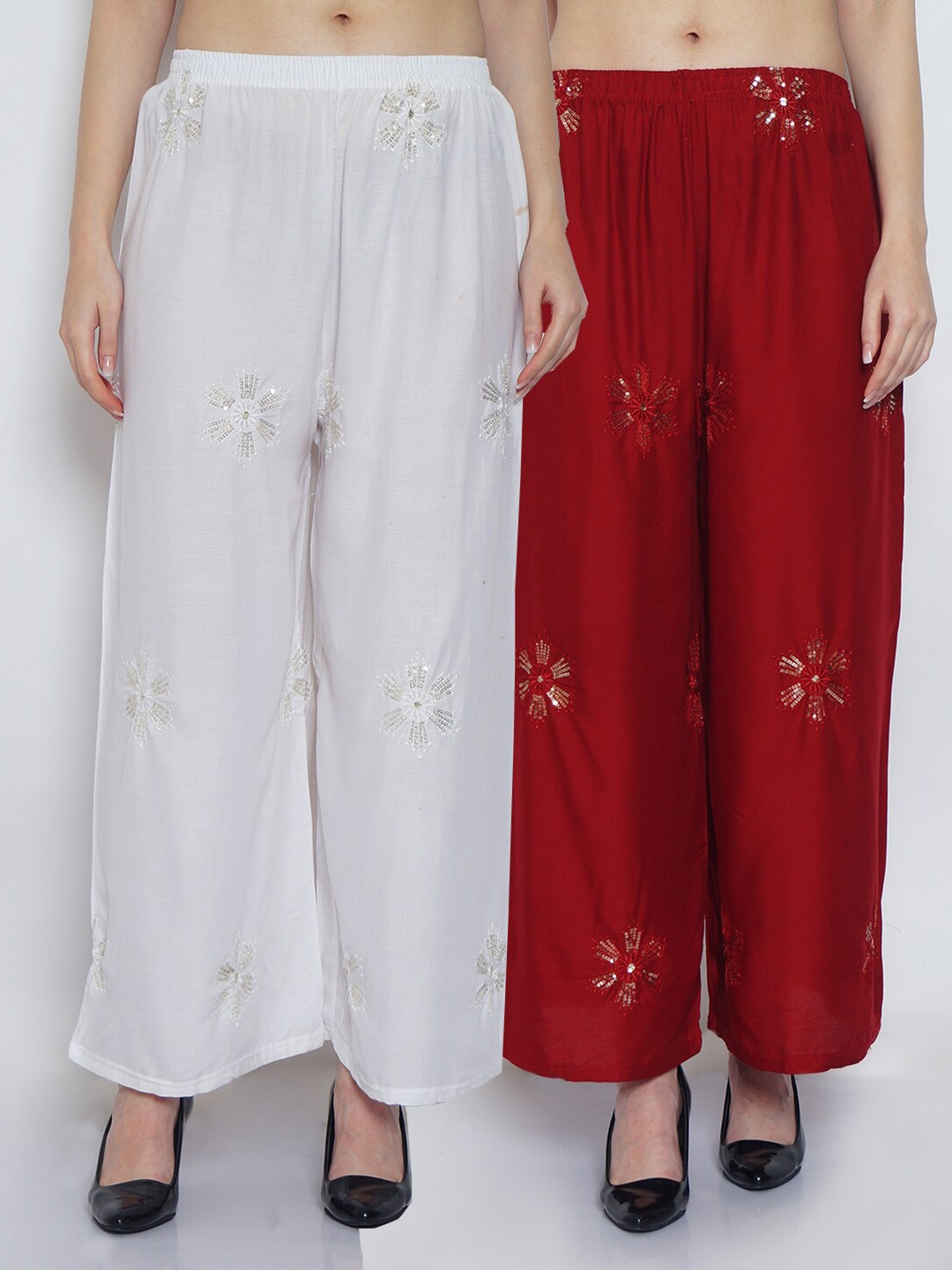 

GRACIT Women White & Maroon Set Of 2 Ethnic Motifs Embellished Flared Palazzos