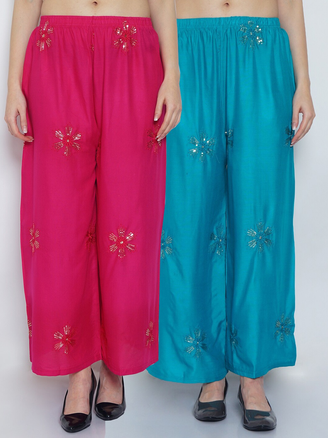 

GRACIT Women Pink & Blue Set Of 2 Embroidered Flared Knitted Ethnic Palazzos