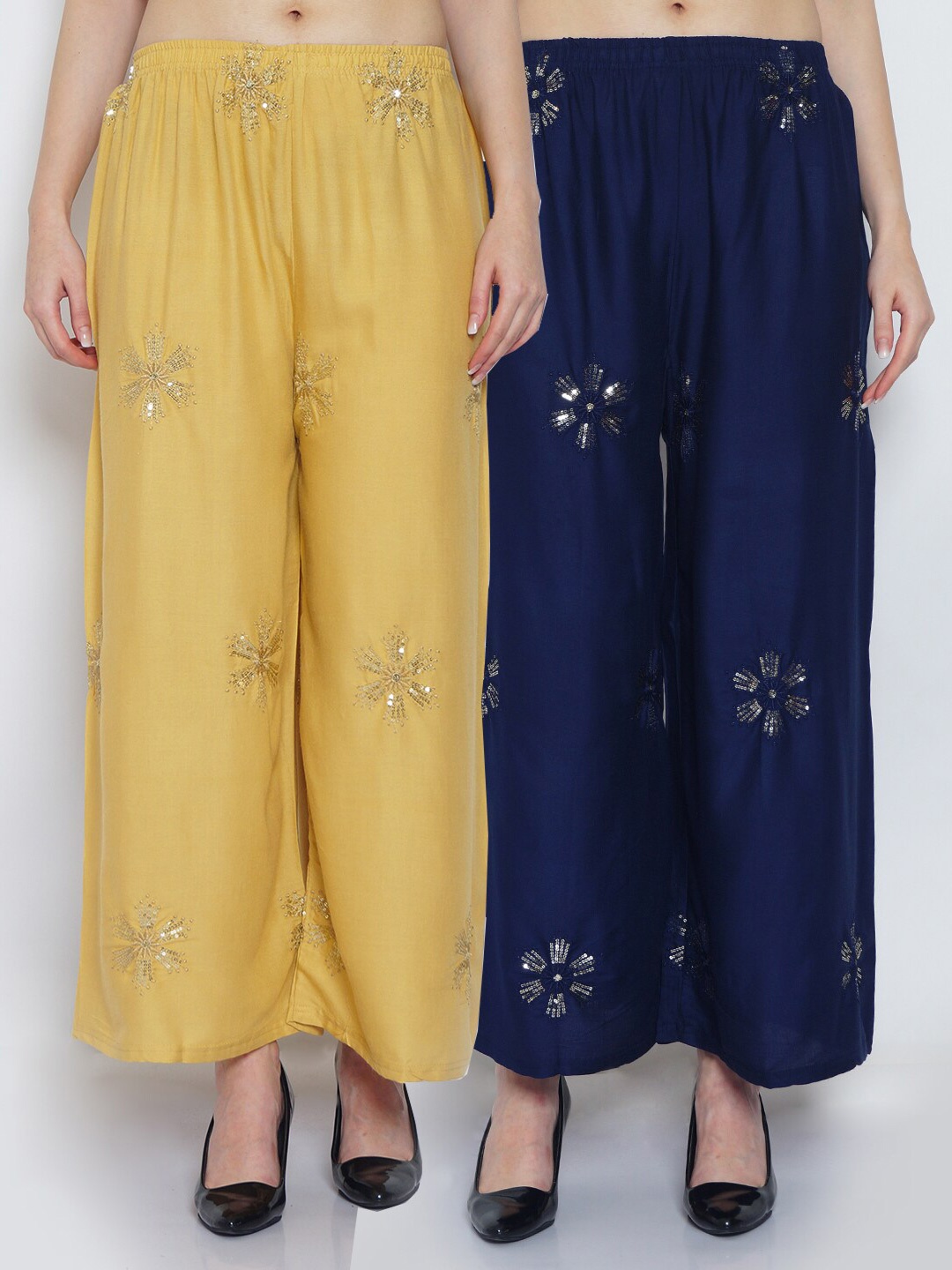 

GRACIT Women Beige & Navy Blue Set of 2 Embroidered Flared Knitted Ethnic Palazzos
