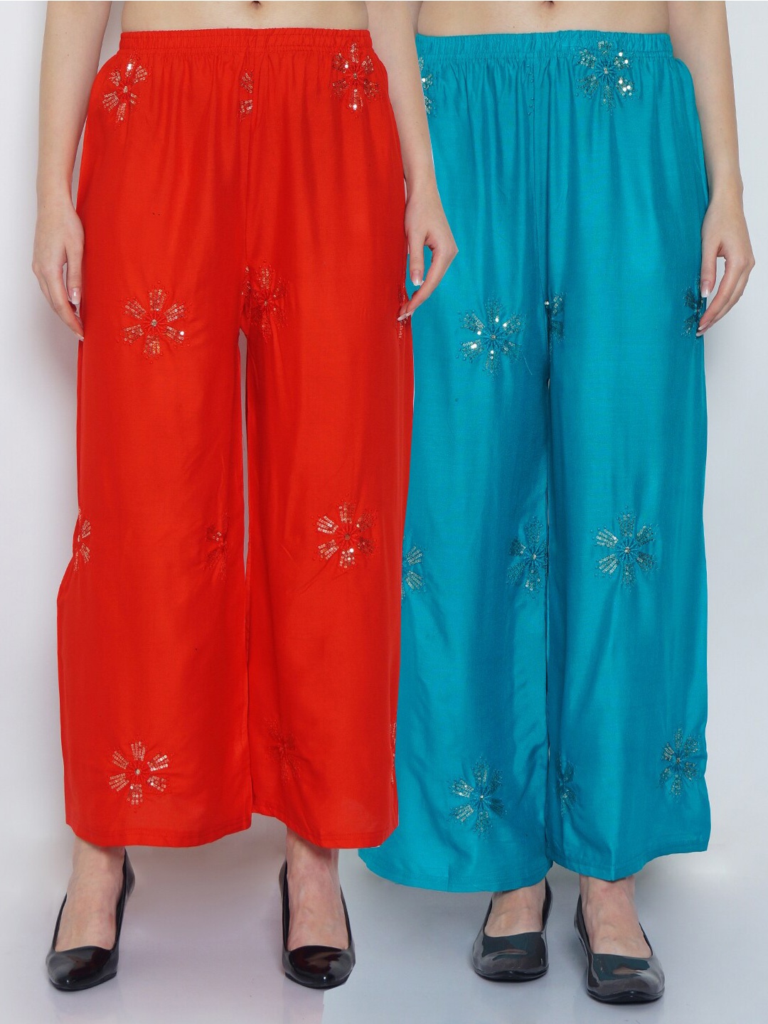 

GRACIT Women Red & Turquoise Blue Set Of 2 Embroidered Flared Fit Palazzo
