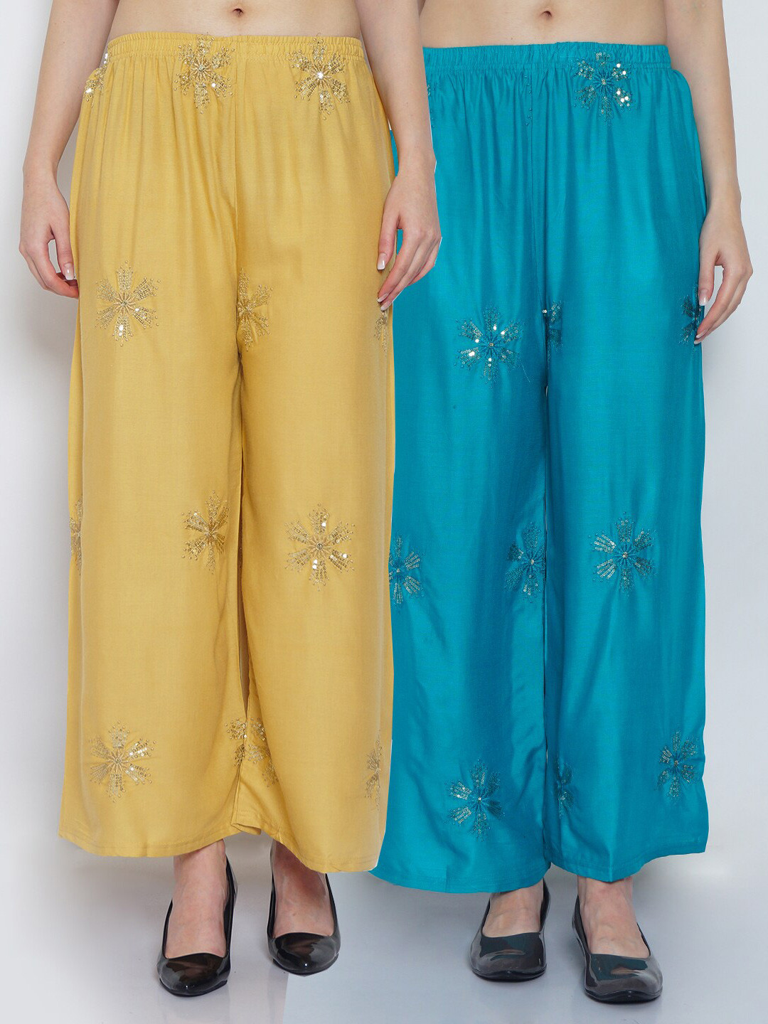 

GRACIT Women Beige & Turquoise Blue 2 Ethnic Motifs Embellished Ethnic Palazzos
