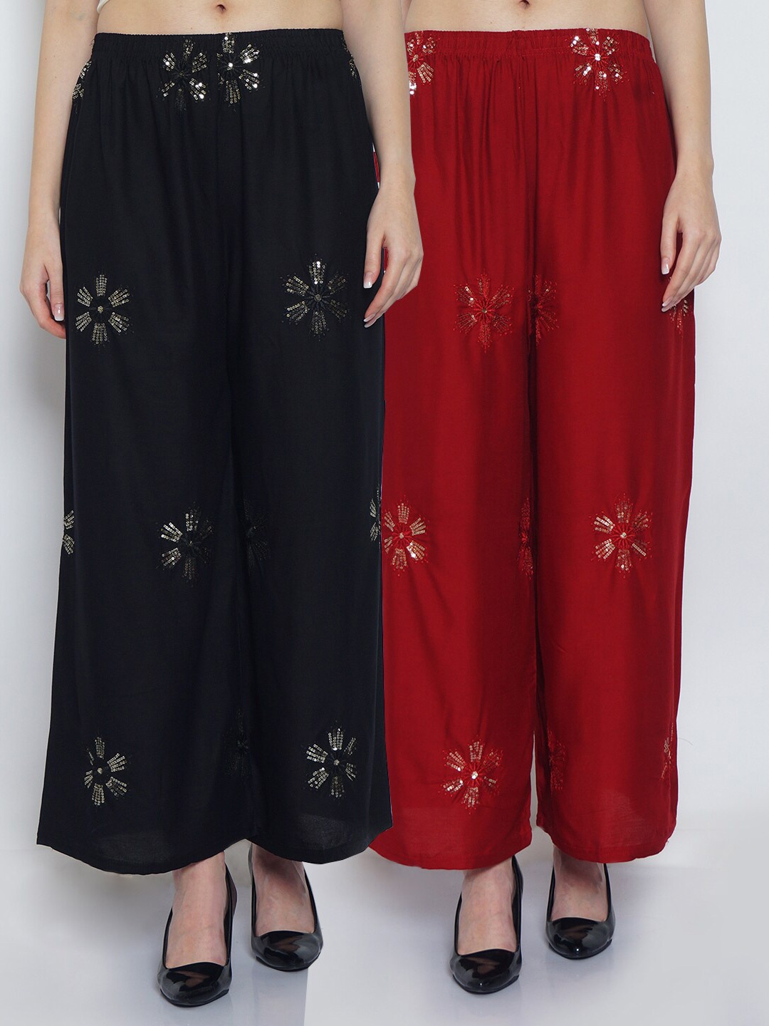 

GRACIT Women Set OF 2 Black & Maroon Embroidered Flared Ethnic Palazzos