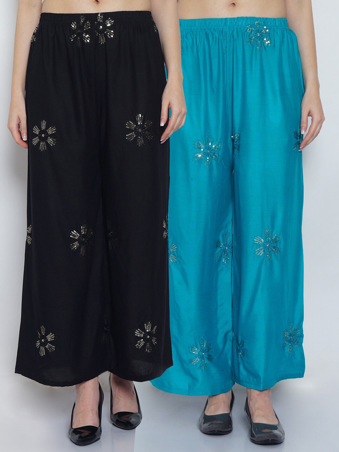 

GRACIT Women Black & Blue 2 Floral Embroidered Flared Knitted Ethnic Palazzos