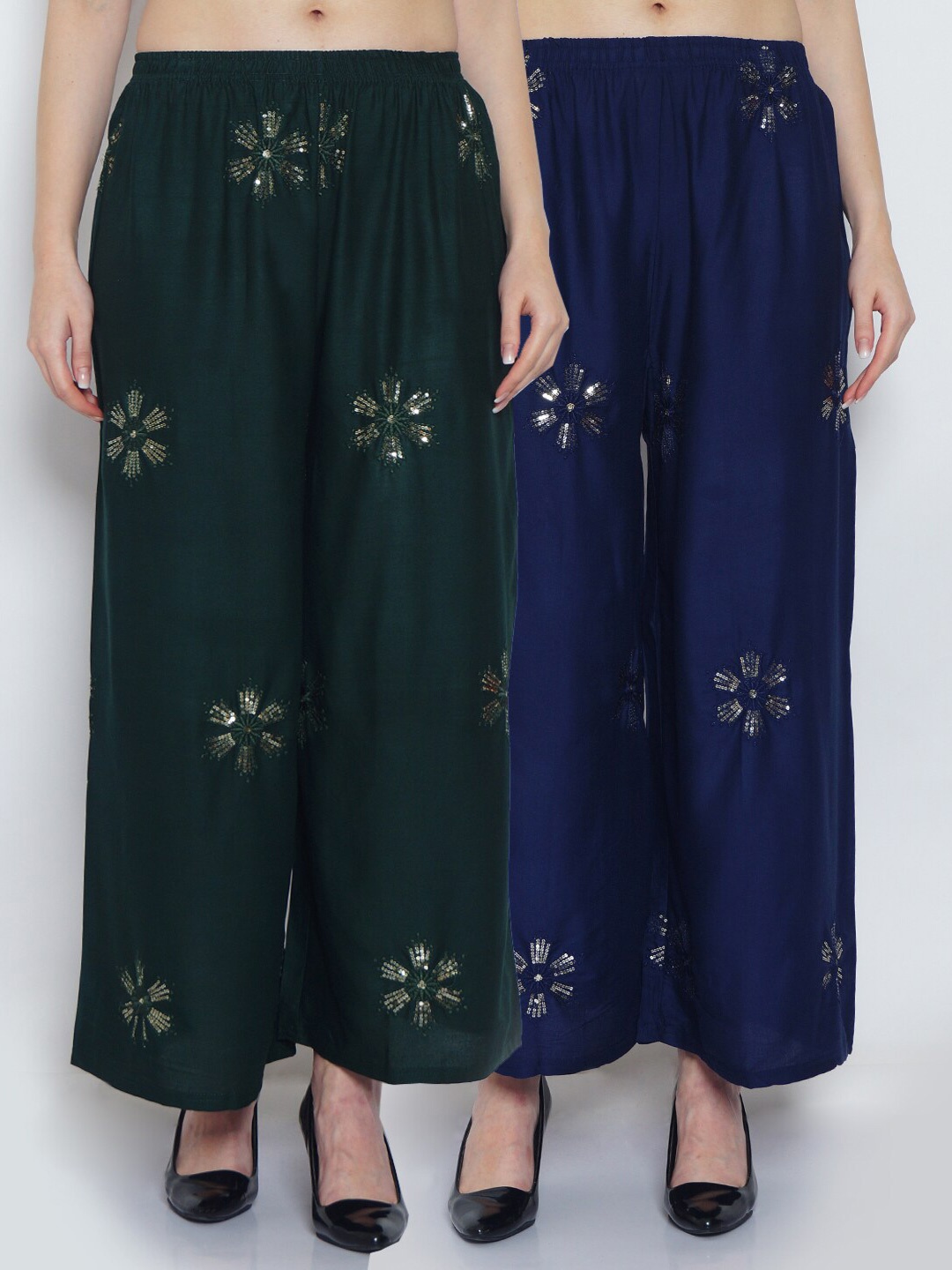 

GRACIT Women Set Of 2 Green & Navy Blue Ethnic Motifs Embroidered Flared Ethnic Palazzos