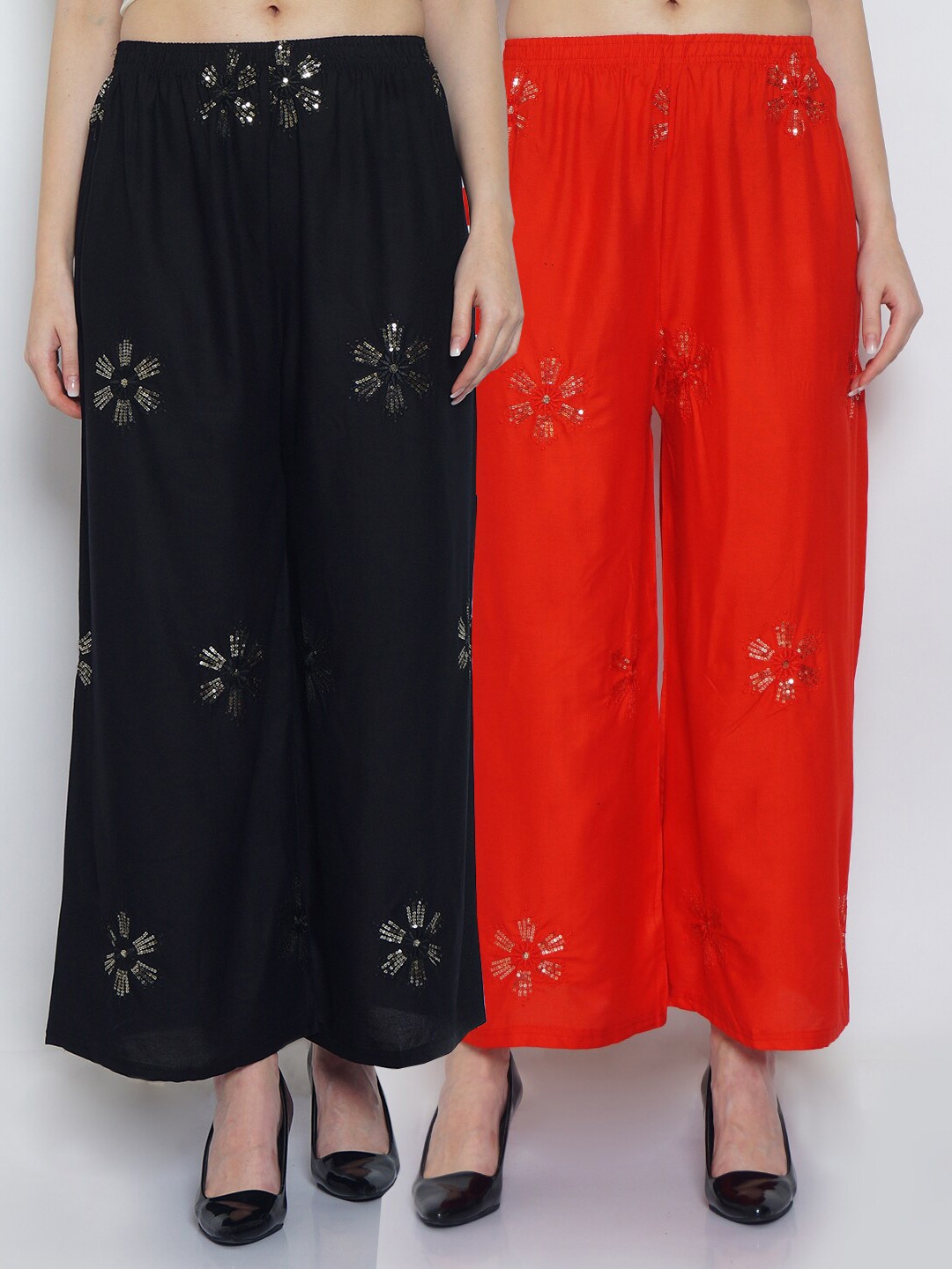 

GRACIT Women Black & Red Set of 2 Ethnic Motifs Embellished Flared Ethnic Palazzos