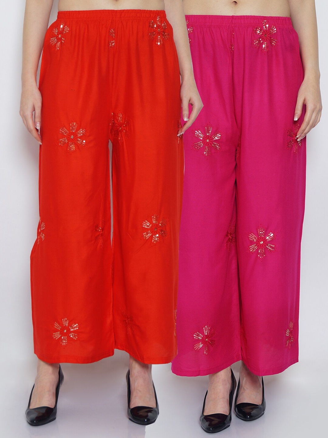 

GRACIT Women Red & Pink Floral Sequinned Embellished Flared Ethnic Palazzos Set Of 2