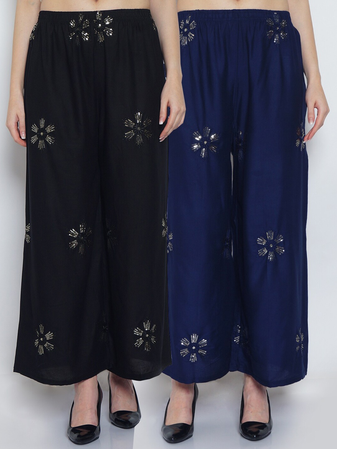 

GRACIT Women Black & Navy Blue Set Of 2 Embroidered Flared Fit Palazzo