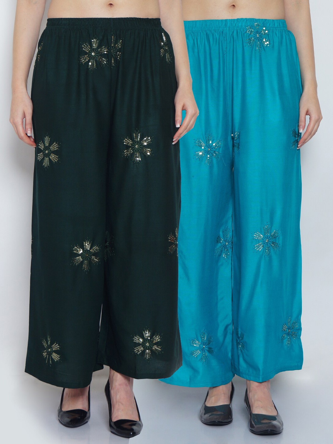 

GRACIT Women Green & Turquoise Blue Set of 2 Embroidered Flared Knitted Ethnic Palazzos