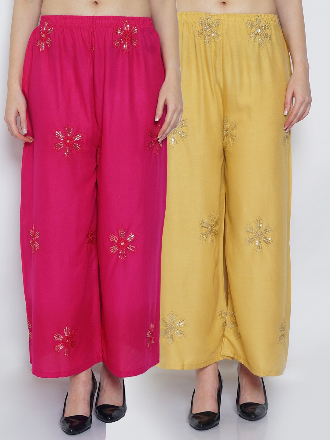 

GRACIT Women Pink & Yellow Floral Sequinned Embellished Flared Ethnic Palazzos Set Of 2