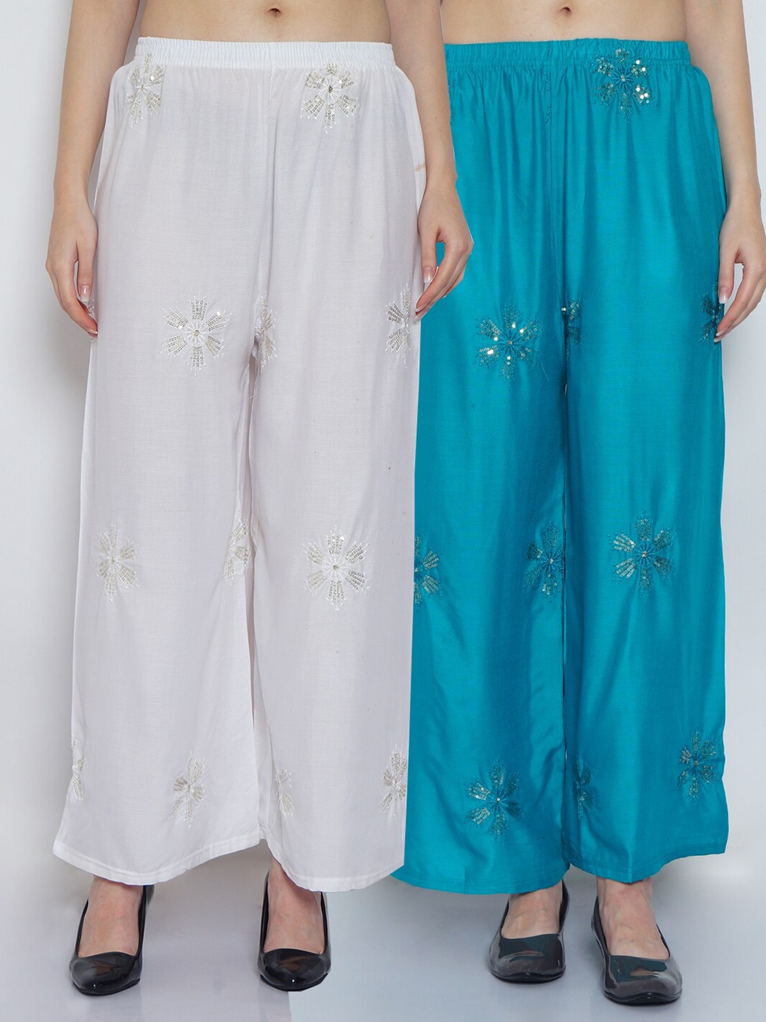 

GRACIT Women White & Turquoise Blue Set of 2 Embroidered Flared Knitted Ethnic Palazzos