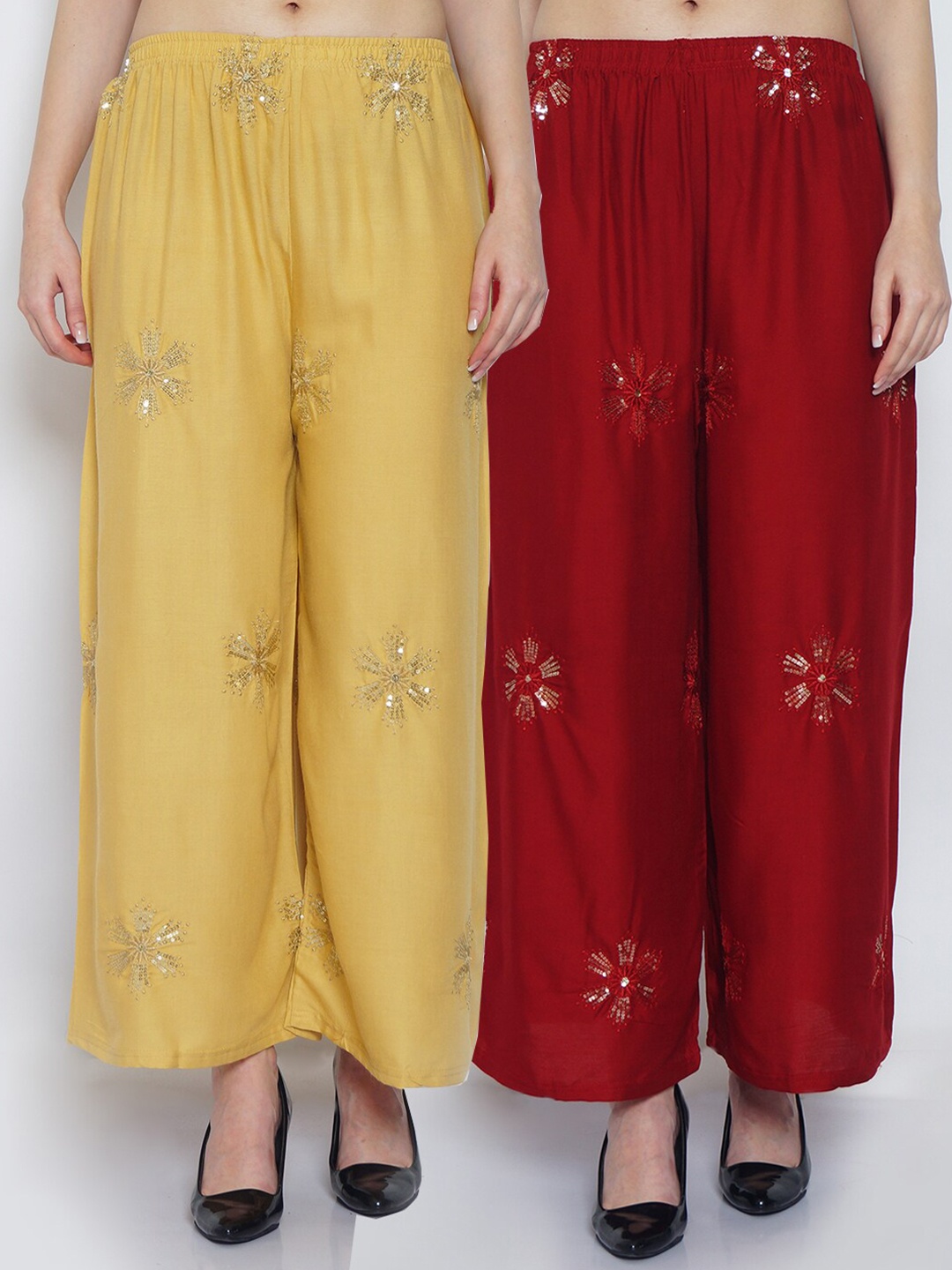

GRACIT Women Beige & Maroon Set Of 2 Ethnic Motifs Embellished Flared Ethnic Palazzos