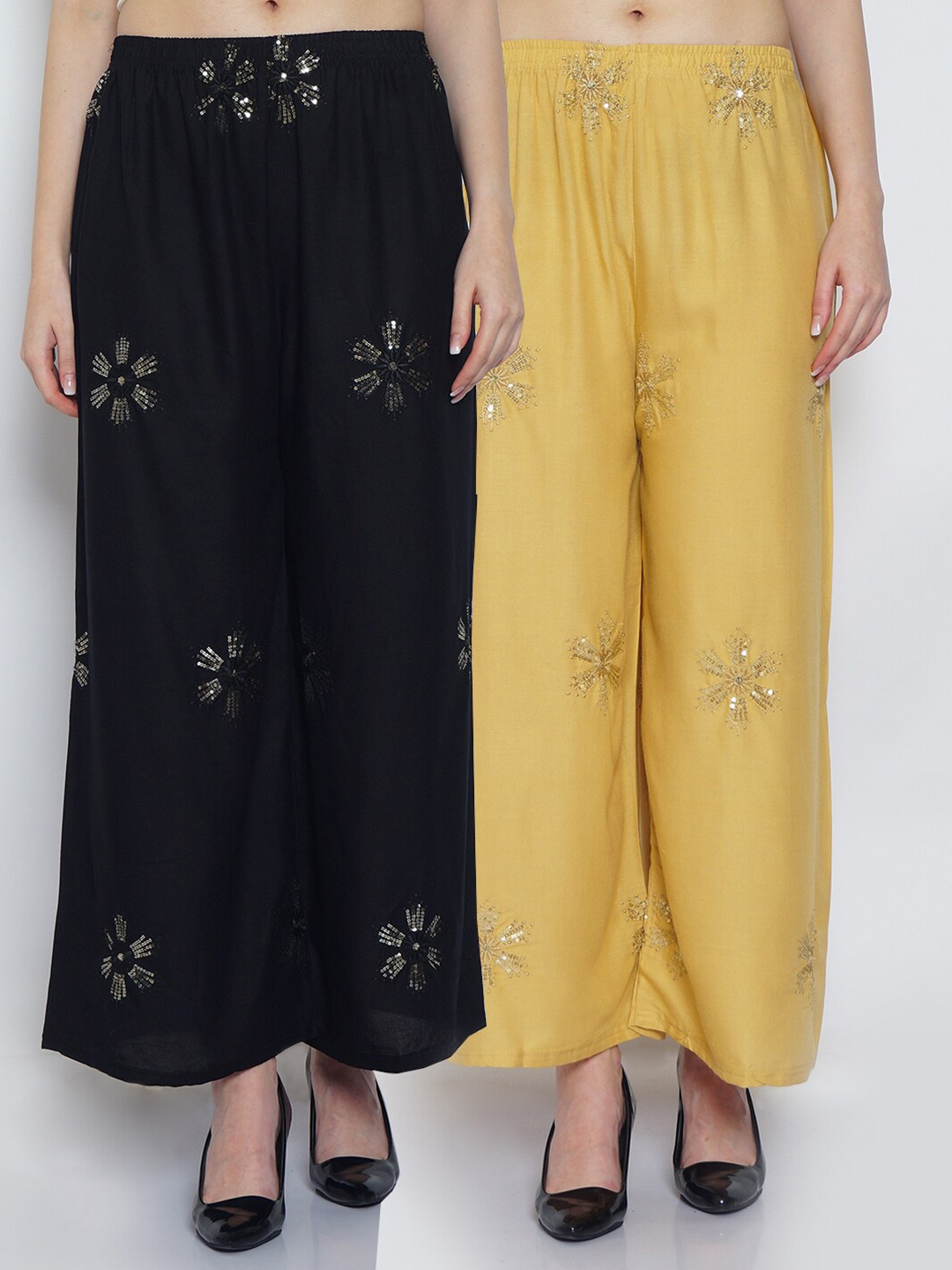 

GRACIT Women Black & Beige Set of 2 Ethnic Motifs Embellished Flared Palazzos