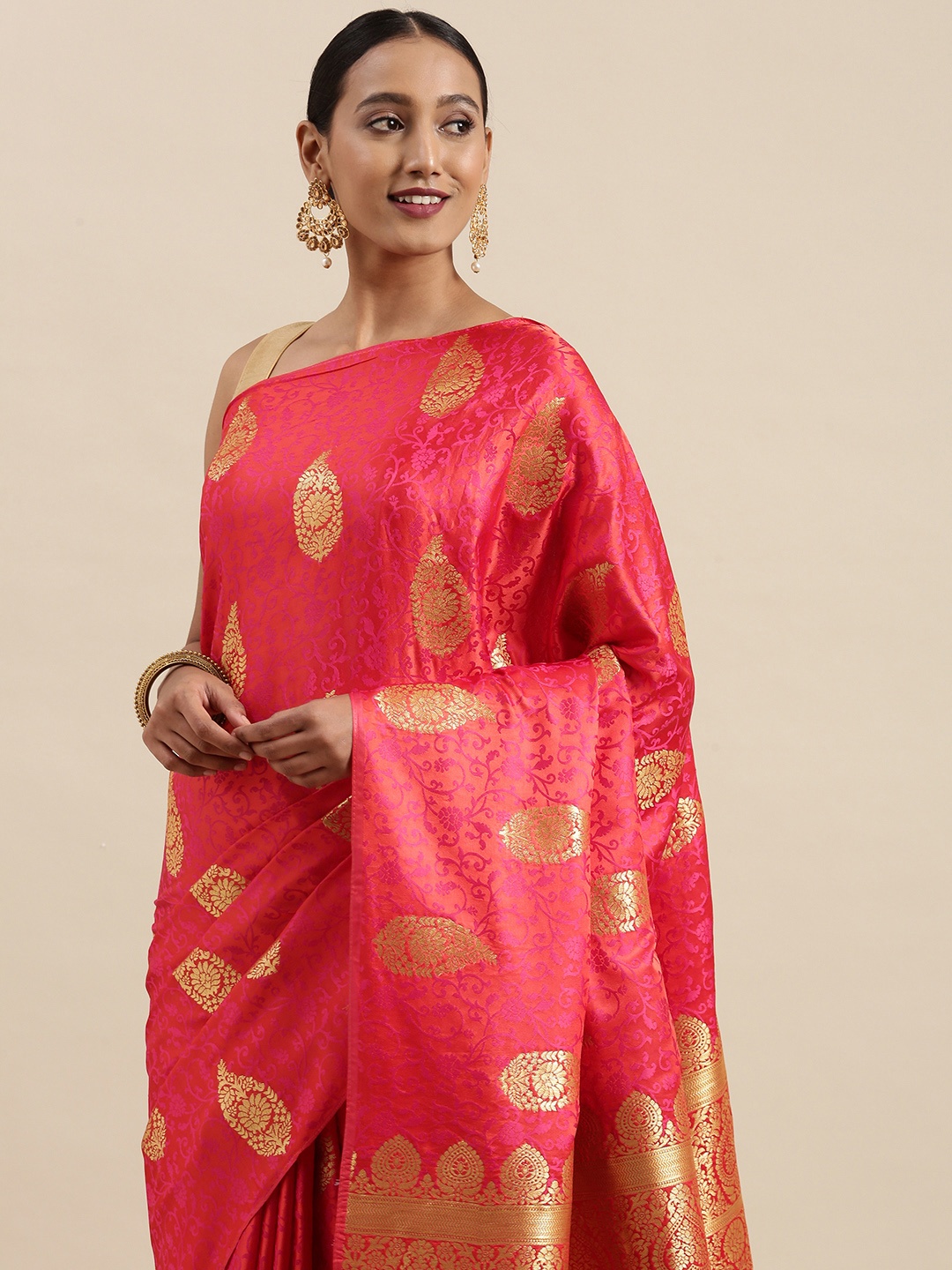 

SHARAA ETHNICA Pink & Golden Ethnic Motifs Woven Design Pure Silk Saree