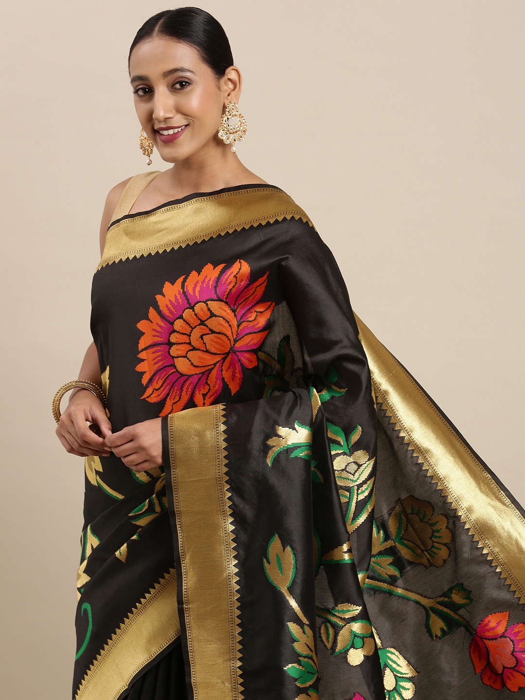 

SHARAA ETHNICA Black & Golden Ethnic Motifs Woven Design Pure Silk Saree