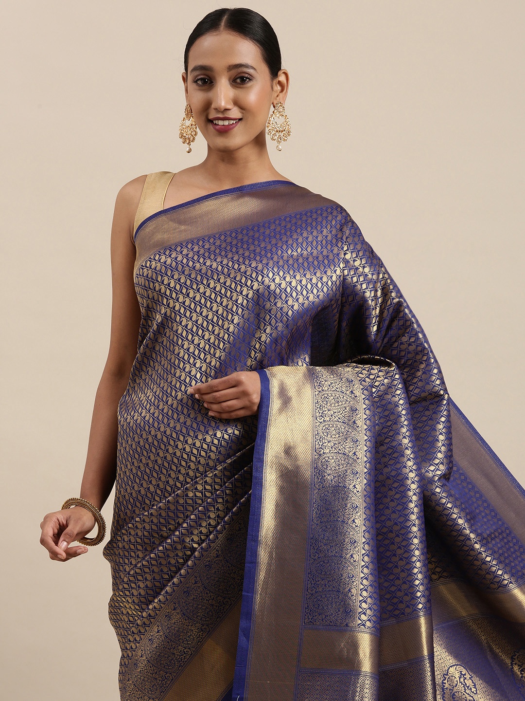 

SHARAA ETHNICA Navy Blue & Golden Ethnic Motifs Woven Design Pure Silk Saree
