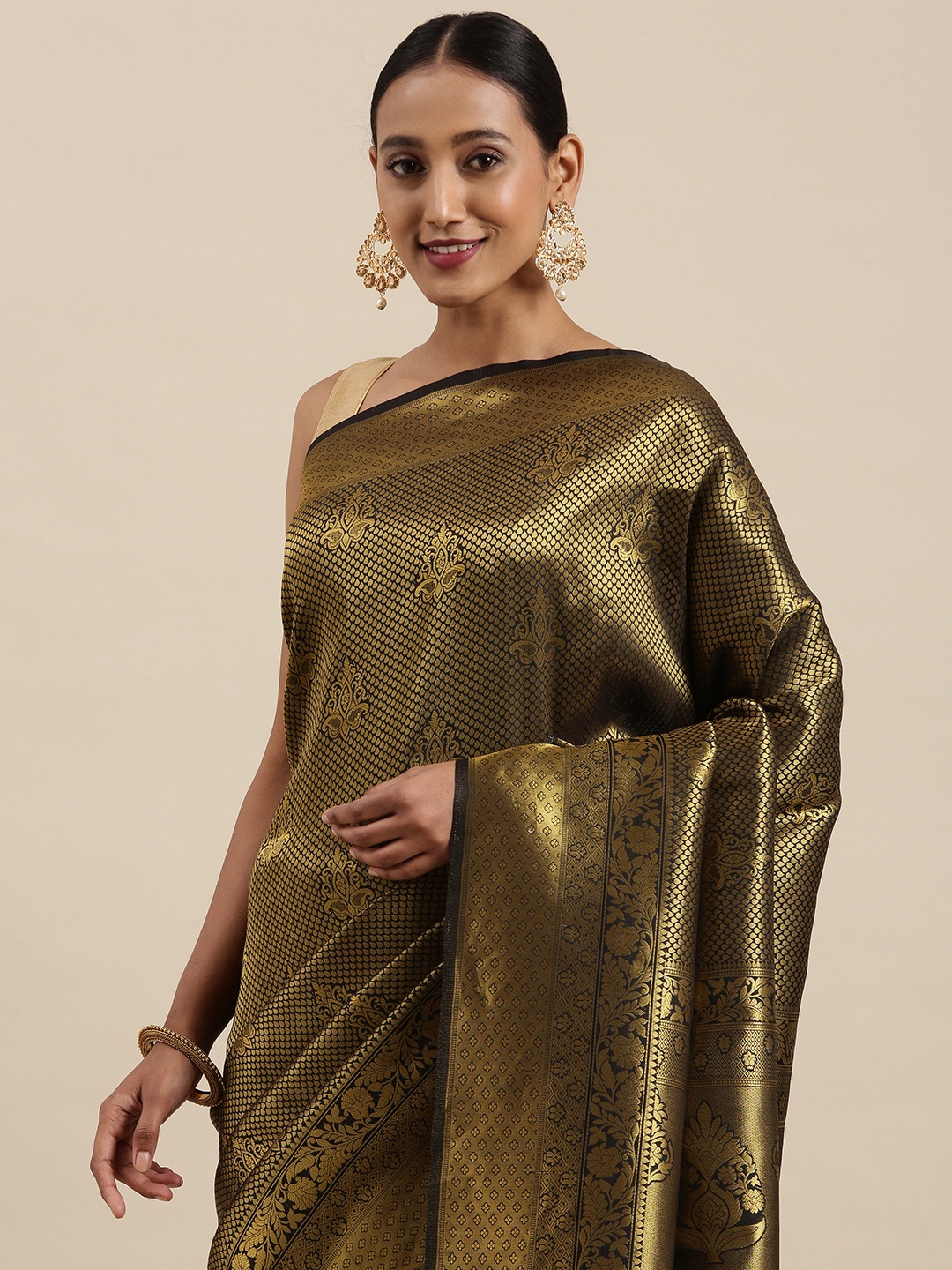 

SHARAA ETHNICA Black & Golden Ethnic Motifs Woven Design Pure Silk Saree