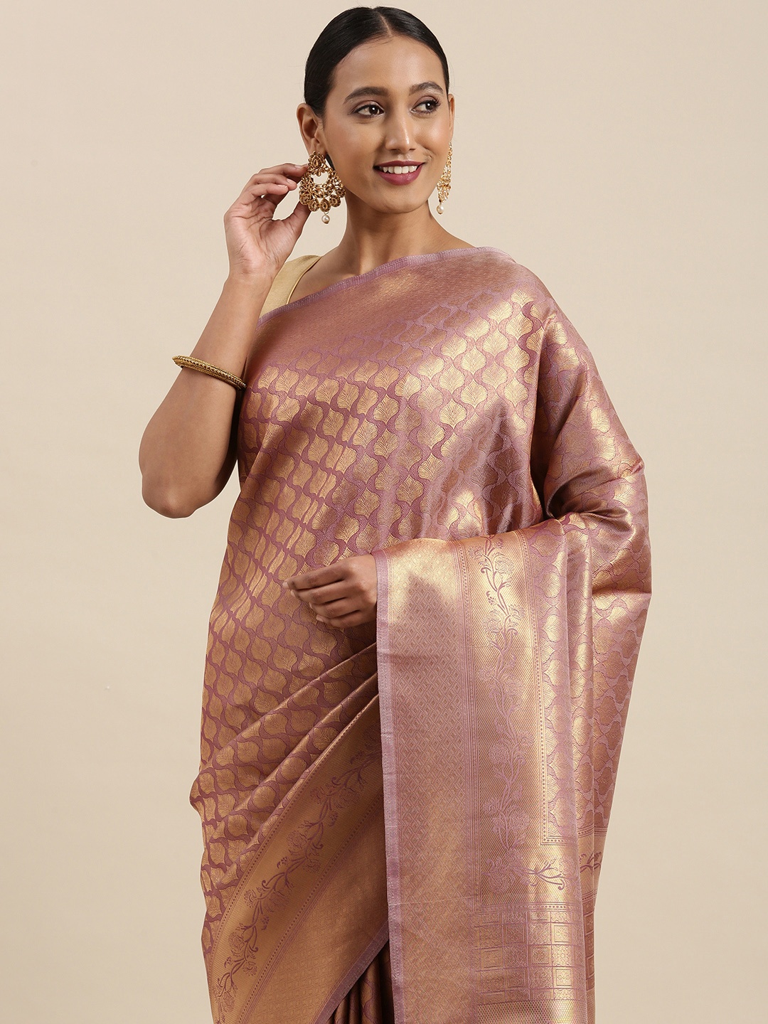 

SHARAA ETHNICA Mauve & Golden Ethnic Motifs Woven Design Pure Silk Saree