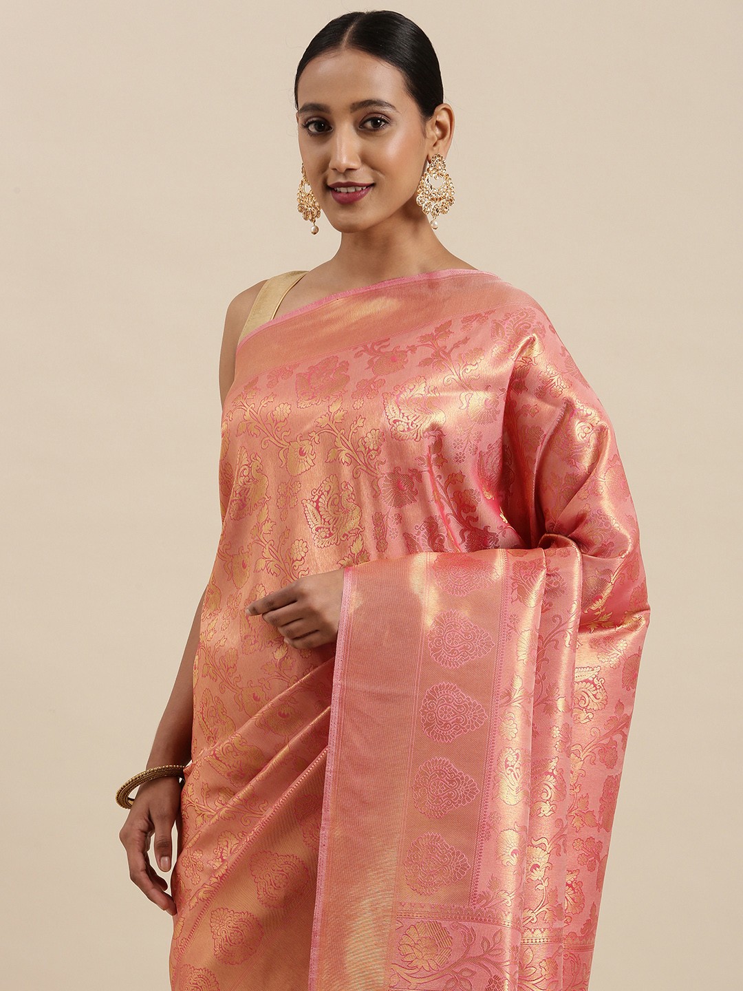 

SHARAA ETHNICA Coral Pink & Golden Ethnic Motifs Woven Design Pure Silk Saree