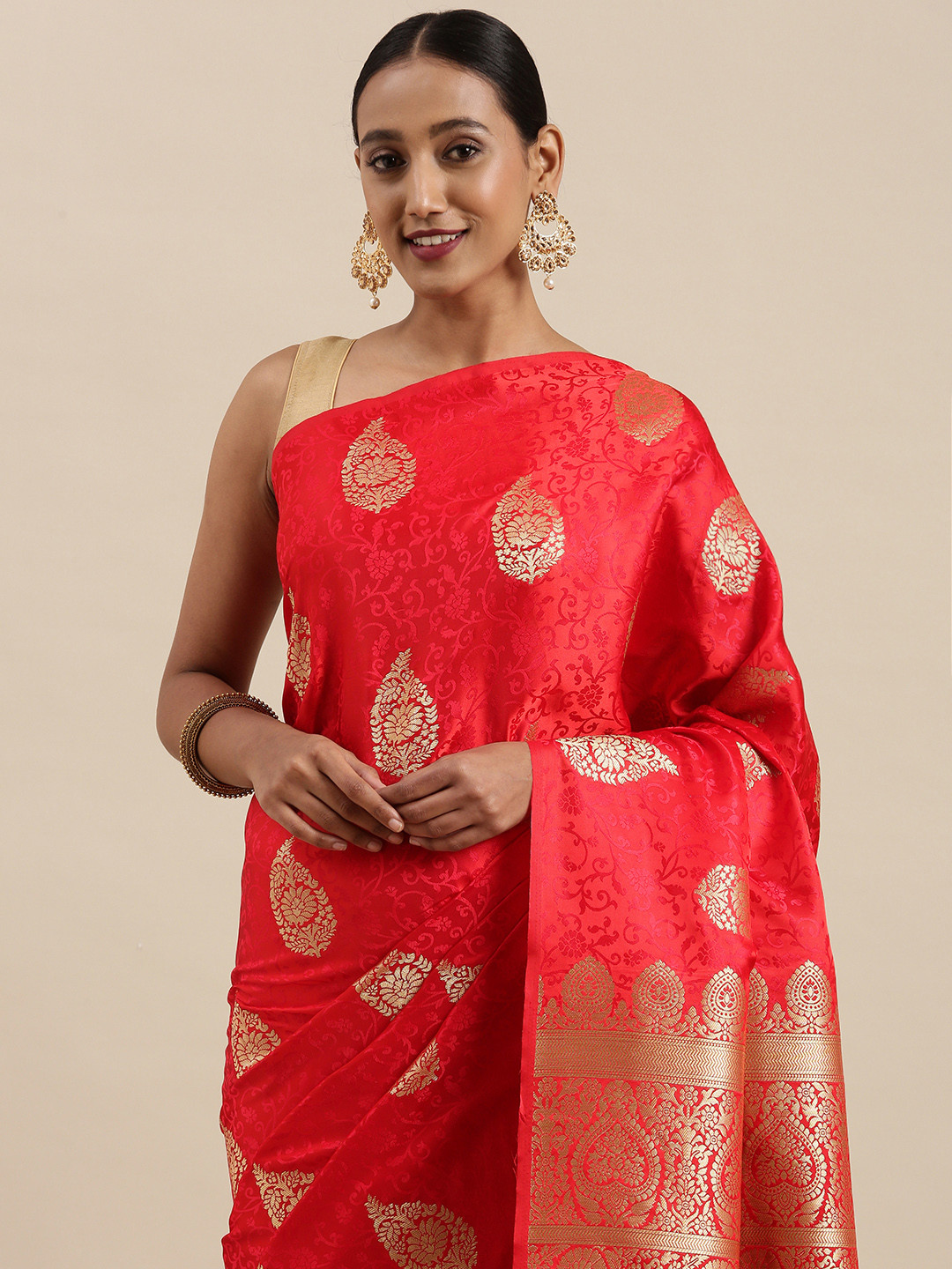

SHARAA ETHNICA Red & Golden Ethnic Motifs Woven Design Pure Silk Saree