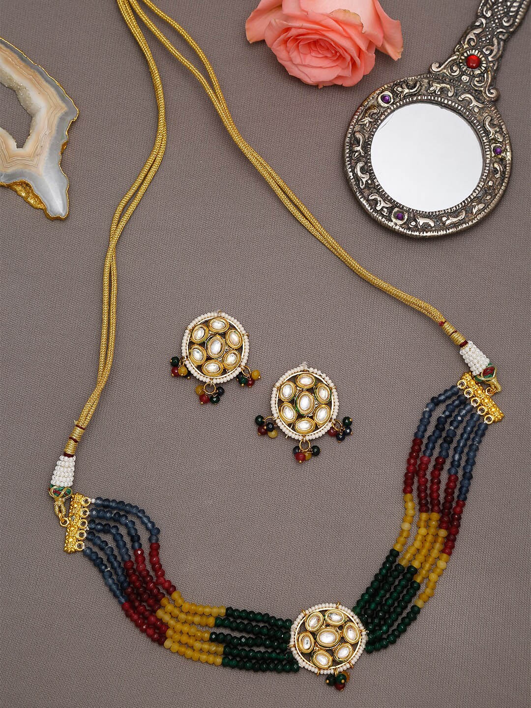 

Ruby Raang Multicoloured Kundan-Studded Beaded Choker Jewellery Set, Multi
