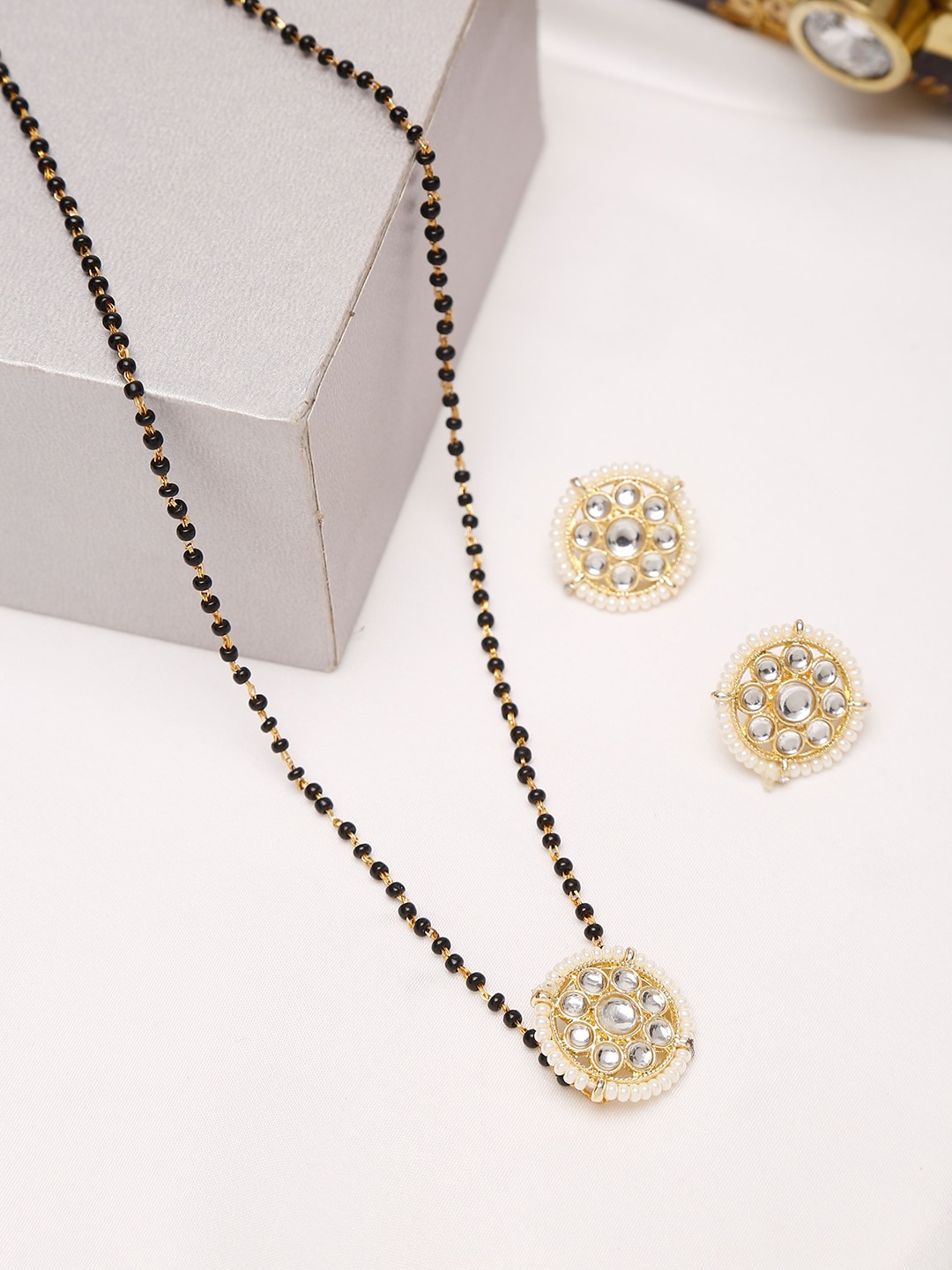 

Ruby Raang Gold Plated & Black Kundan Beaded Mangalsutra with Studs