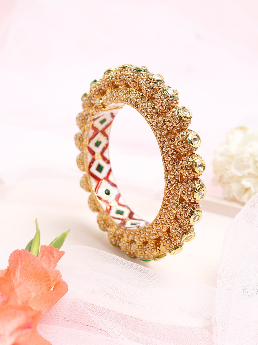 

Ruby Raang Gold-Plated White Pearl Studded & Beaded Bangle