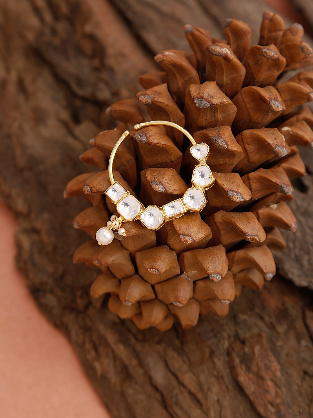 

Ruby Raang Gold-Plated White Kundan Studded & Pearl Beaded Nose Pin