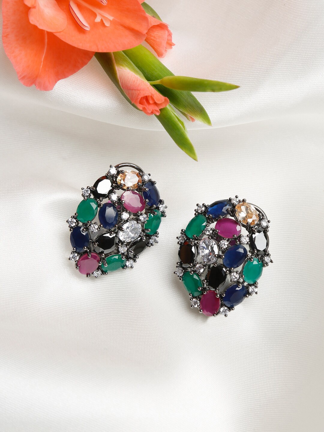 

Ruby Raang Multicoloured Rhodium-Plated Teardrop Shaped Drop Earrings, Multi