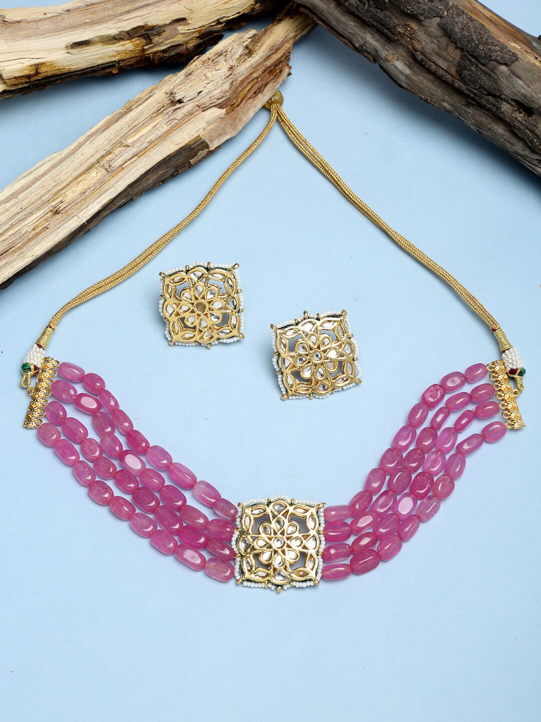 

Ruby Raang Gold-Plated & Pink Kundan Choker with Studs