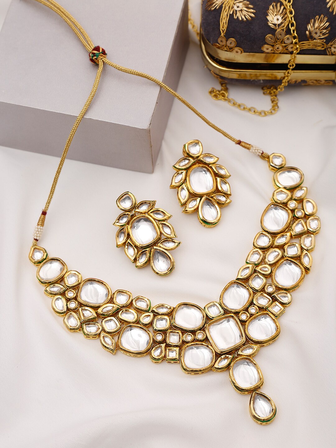 

Ruby Raang Gold-Toned Kundan Necklace with Earrings